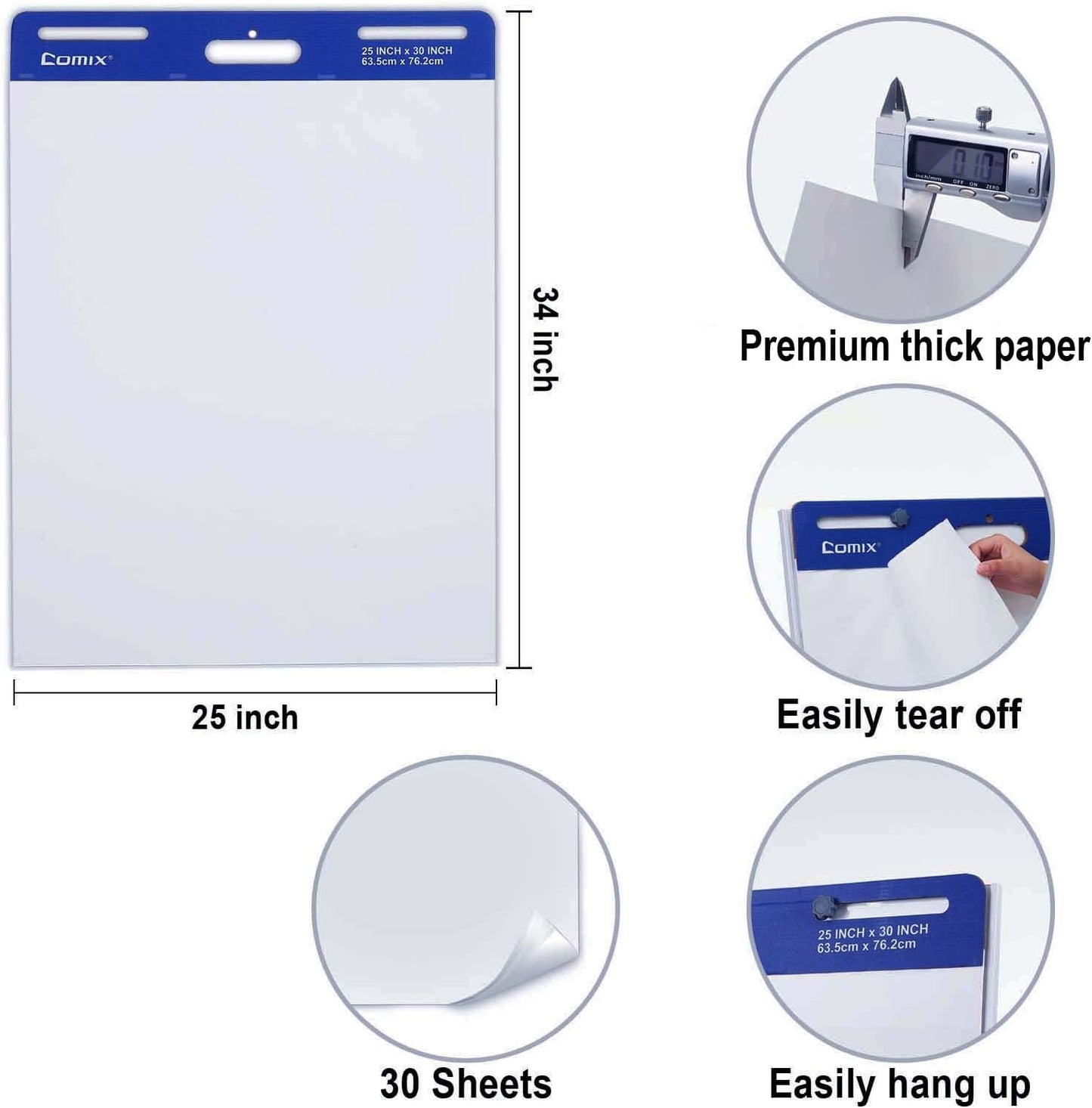 Comix Sticky Easel Pad, 25 x 30 Inches Flip Chart Paper for Teachers, Large Self Stick Easel Paper for Office School Classroom Supplies, 30 Sheets/Pad, 10 Pads/Pack