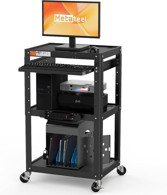 AV Presentation Cart Stand for Video Projector,TV,Laptop Computers,Printers,Metal Construction Rolling Cart with Adjustable Shelves,4 Wheels,4 Outlets, 5.75ft Cord,Support 300 lbs,Black