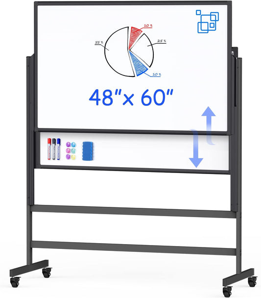 Double-Sided White Board on Wheels, 48x60 Inch (4'x5') Large Magnetic Mobile Dry Erase Board, Height Adjustable Stand Rolling Whiteboard for Office, Classroom, Home School Use, Black
