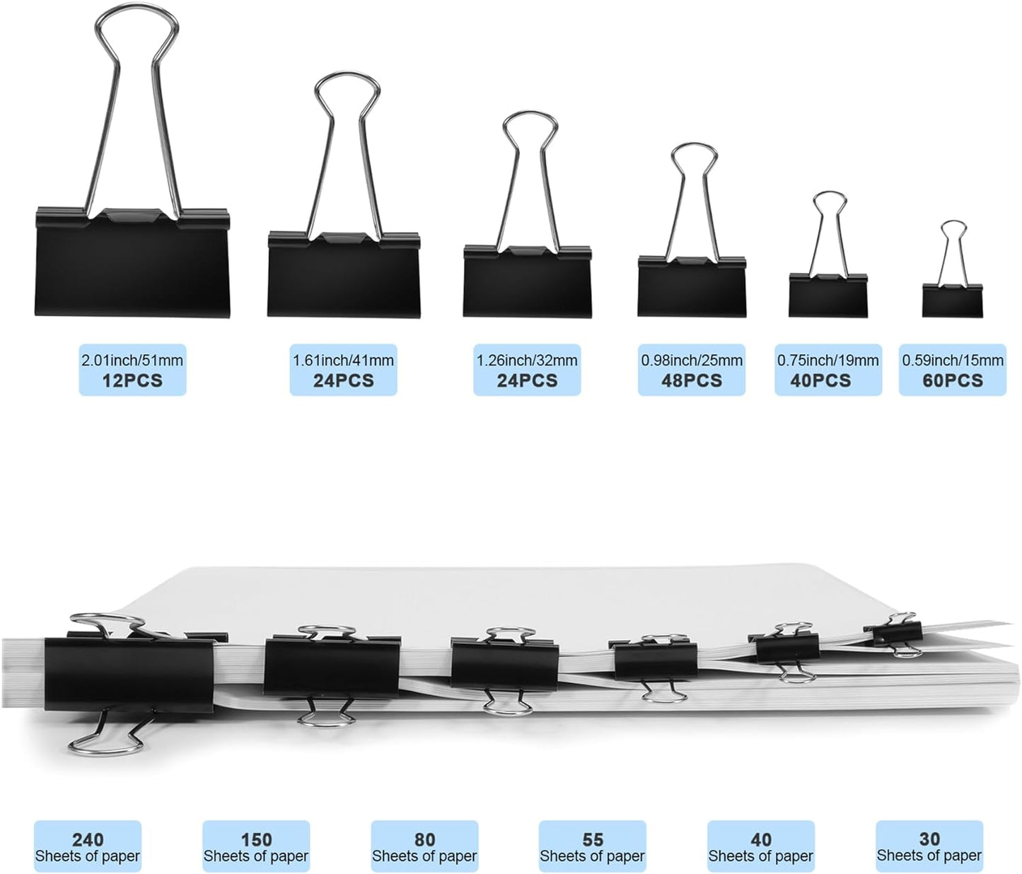 Binder Clips Assorted Sizes Including Extra Large Medium Small Mini and Micro, Office Supplies File Clamps Paper Clips, 6 Sizes in 6 Boxes, 208 PCS Metal Black Clamps for School