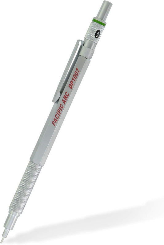 Pacific Arc Chromagraph Metal Mechanical Pencil .7 mm Silver Barrel Mechanical Pencil with Built In Lead Pencil Grade Indicator, Lead Pencil Holder for Drafting, Sketching, and Drawing