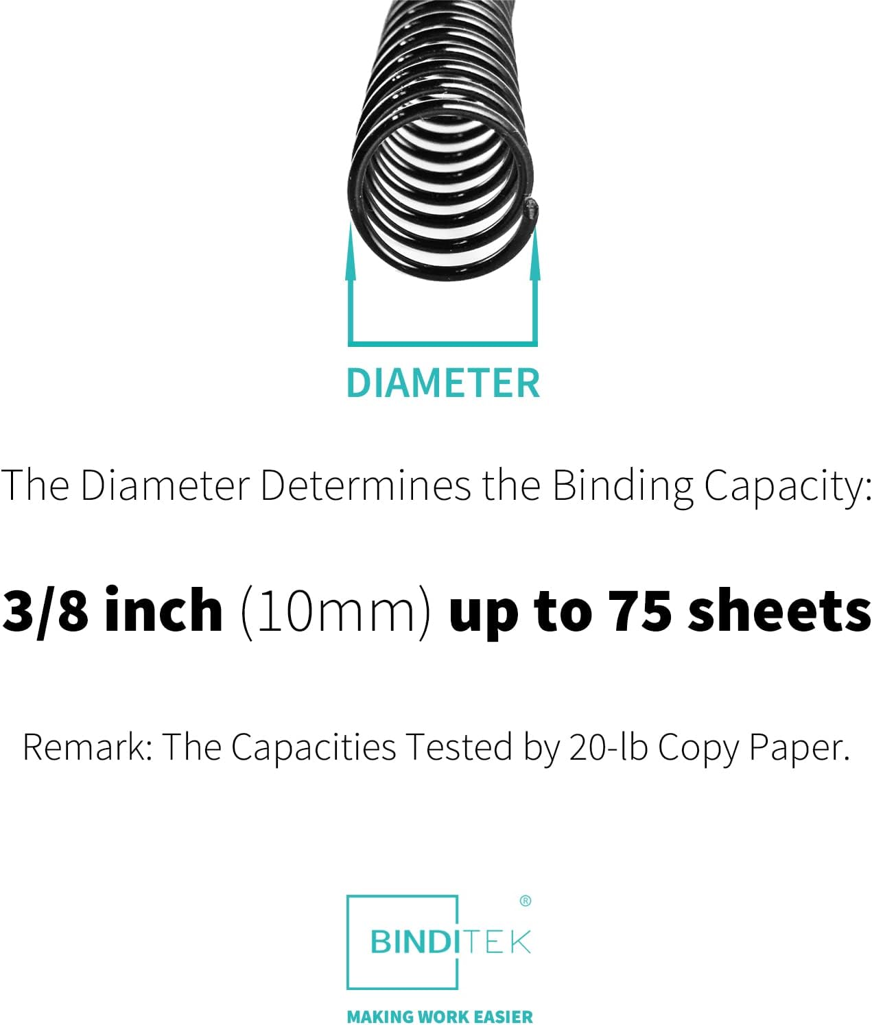 Binditek 200 Pack Plastic Spiral Binding Coils, 10mm(3/8"), 75 Sheet Capacity, 4:1 Pitch, Black, 48Loops, for Letter Size, for Students and Coworkers