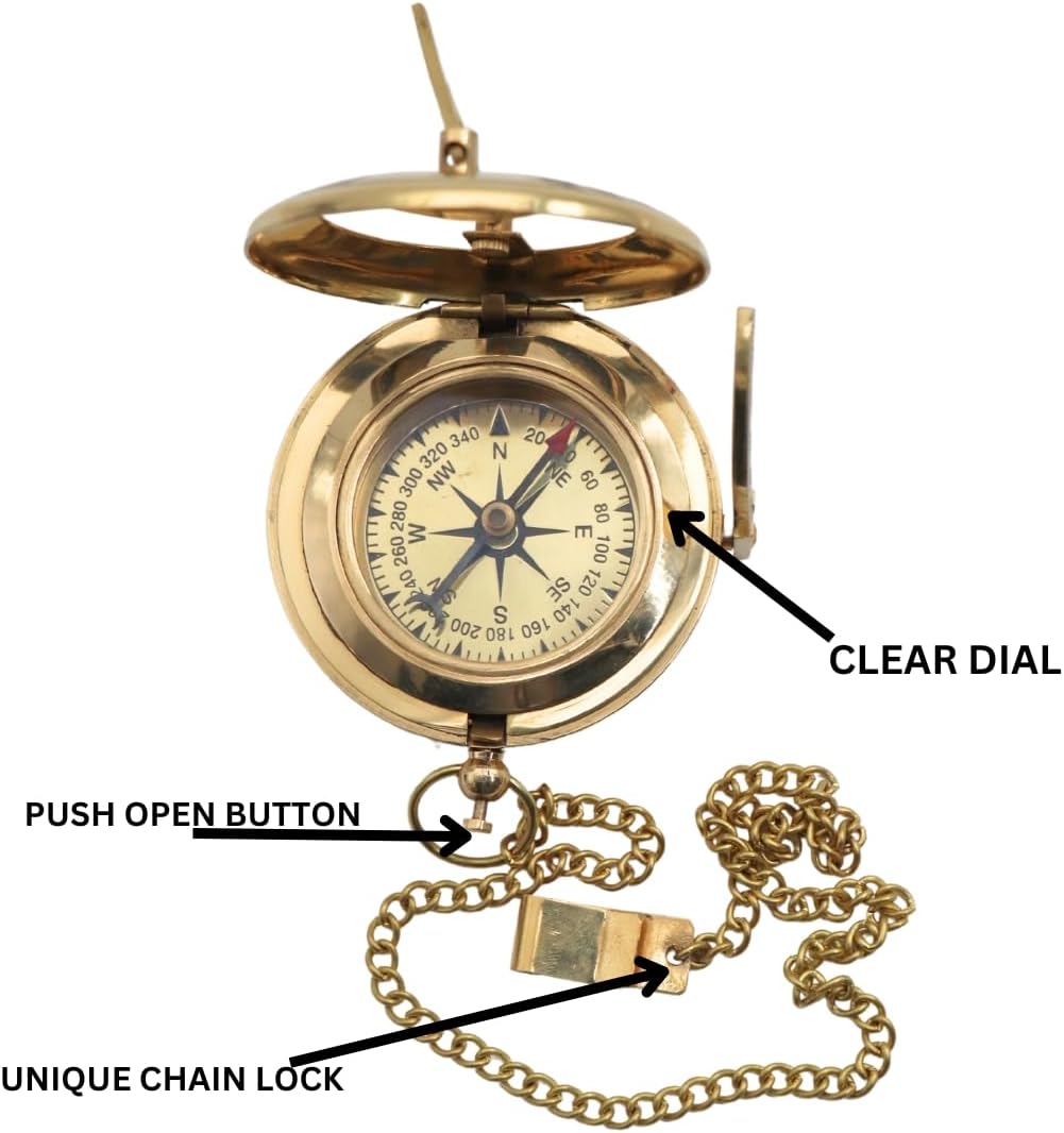 Vintage Brass Sundial Compass with Leather Case - Antique Brass & Copper Sun Clock for Camping, Hiking, Touring - Engraved Gift for Him - Nautical Ship Replica Watch - Sundial Clock in Box