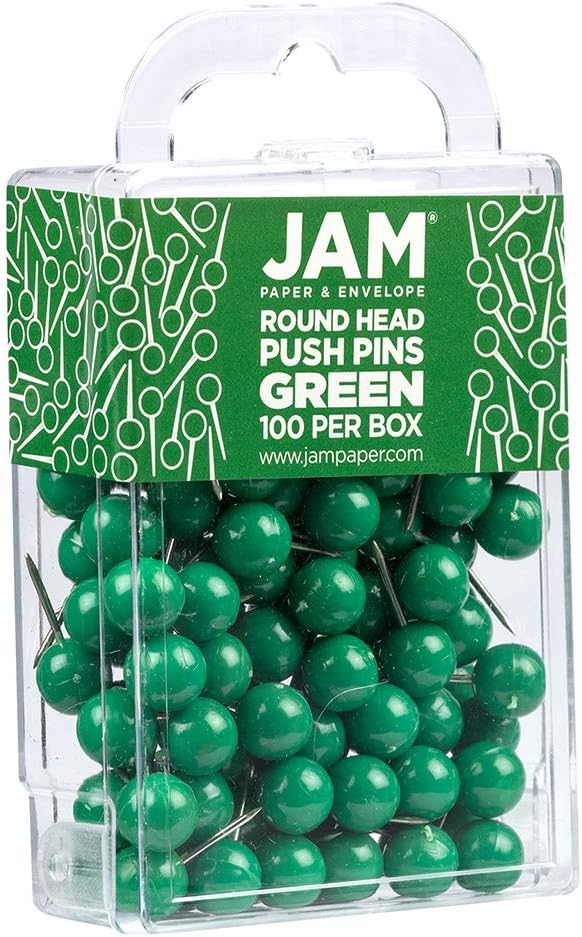 JAM PAPER Colorful Push Pins - Round Head Map Thumb Tacks - Green Pushpins - 100/Pack