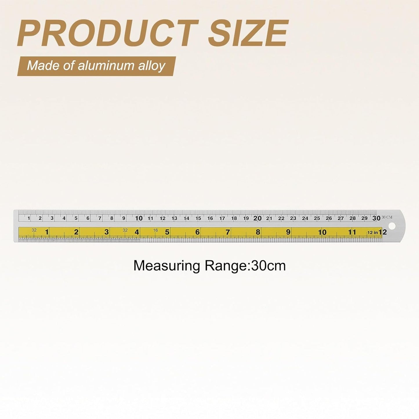 HARFINGTON 6pcs Metal Straight Ruler 30cm Metric SAE Aluminum Alloy Measuring Rulers Scale Tool with Hole for Measure Study Reading Classroom Office, Yellow