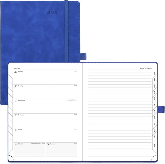 POPRUN Weekly Planner 2026 (Medium 6.5" x 8.5") Calendar 12 Months Notebook with Horizontal Layout, Leather Soft Cover, Monthly Tabs, Inner Pocket, 100GSM Thick Paper, Pen Holder - Royal Blue