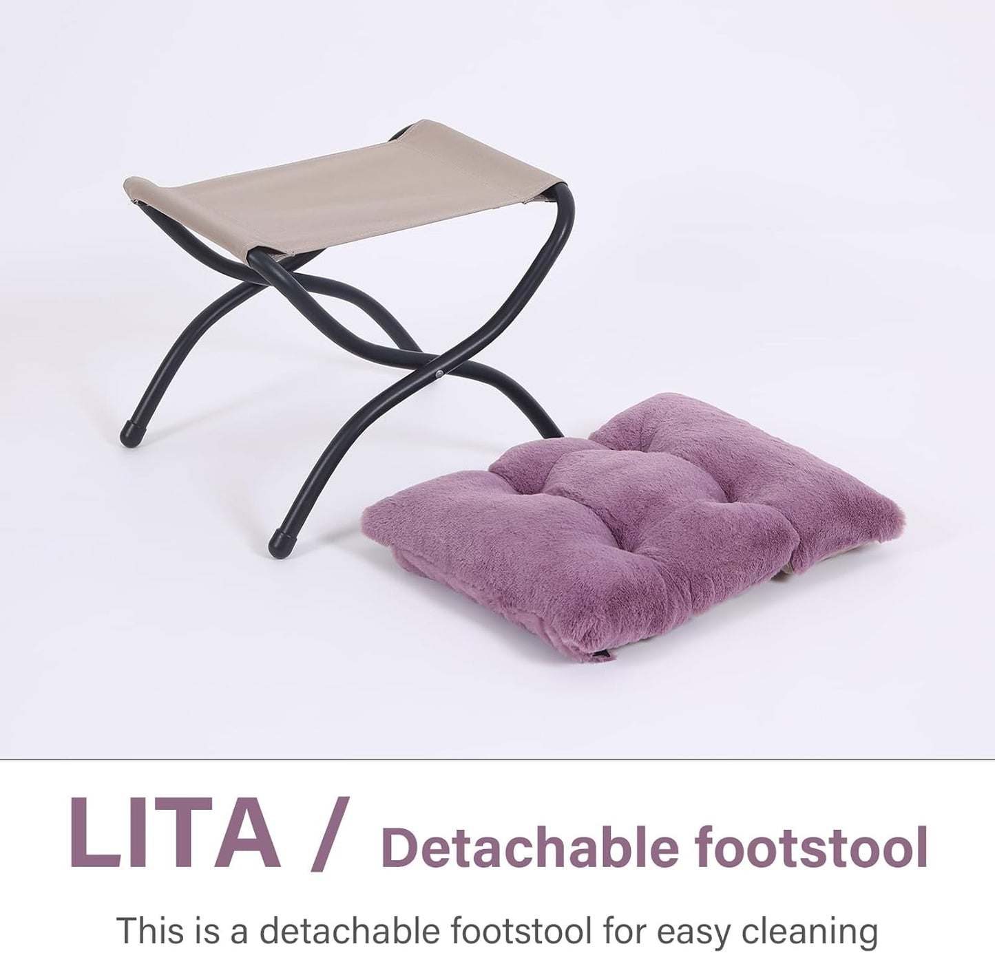 LITA Folding Upholstered Footrest Stool, Modern Small Portable Accent Ottoman with Detachable Thick Cotton Cushion Padded Sofa Stool with Metal Frame for Lazy Chair, Living Room & Bedroom