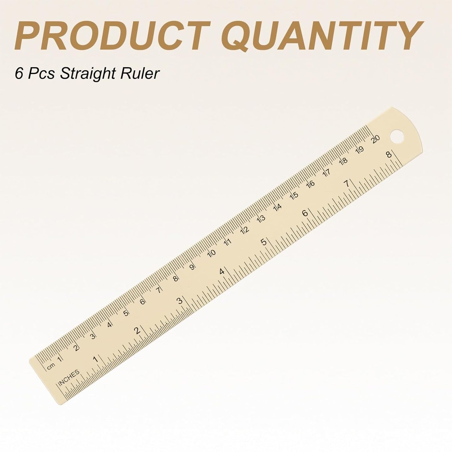 HARFINGTON 6pcs Metal Straight Ruler 20cm Metric SAE Aluminum Alloy Measuring Rulers Scale Tool with Hole for Measure Study Reading Classroom Office, Beige