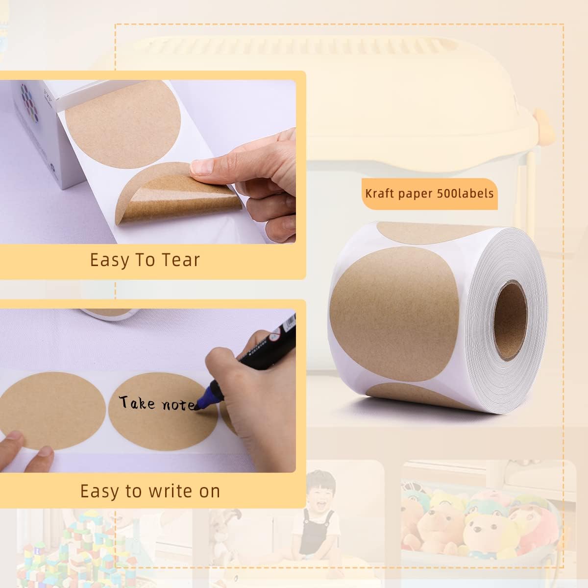 PARLAIM 3 X 3 inch Color Code Dot Stickers, 500pcs 3" Natural Brown Kraft Paper Round Color Coding Circle Labels per Roll in Dispenser Box for Inventory Storage Box