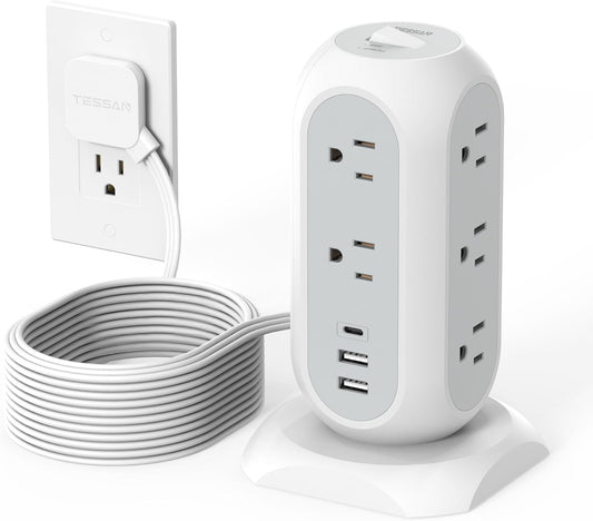 15 ft Extension Cord Tower Power Strip, 11 Outlets 3 USB(1 USB-C) Chargers, TESSAN Surge Protector with Multi Plug Outlet, 1050J Protection, Office Supplies, Desk Accessories, School Dorm Essential