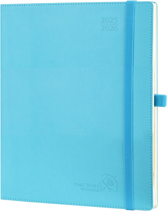 POPRUN Planner 2025-2026 (Large - 8.5'' x 10.5'') Academic Weekly Calendar (July 2025 - June 2026) with Hourly Time Slots, Monthly Tabs, 100GSM Thick Papers, Leather Soft Cover - Blue Green