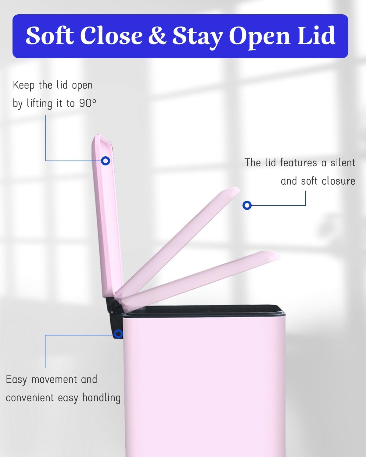 Bathroom Trash Can with Lid, 2.6 Gallon Stainless Steel Slim Garbage Can, Pedal Trash Bin with Removable Liner Bucket, 10L Rectangle Trash Bin for Bedroom, Kitchen, Office (Pink)