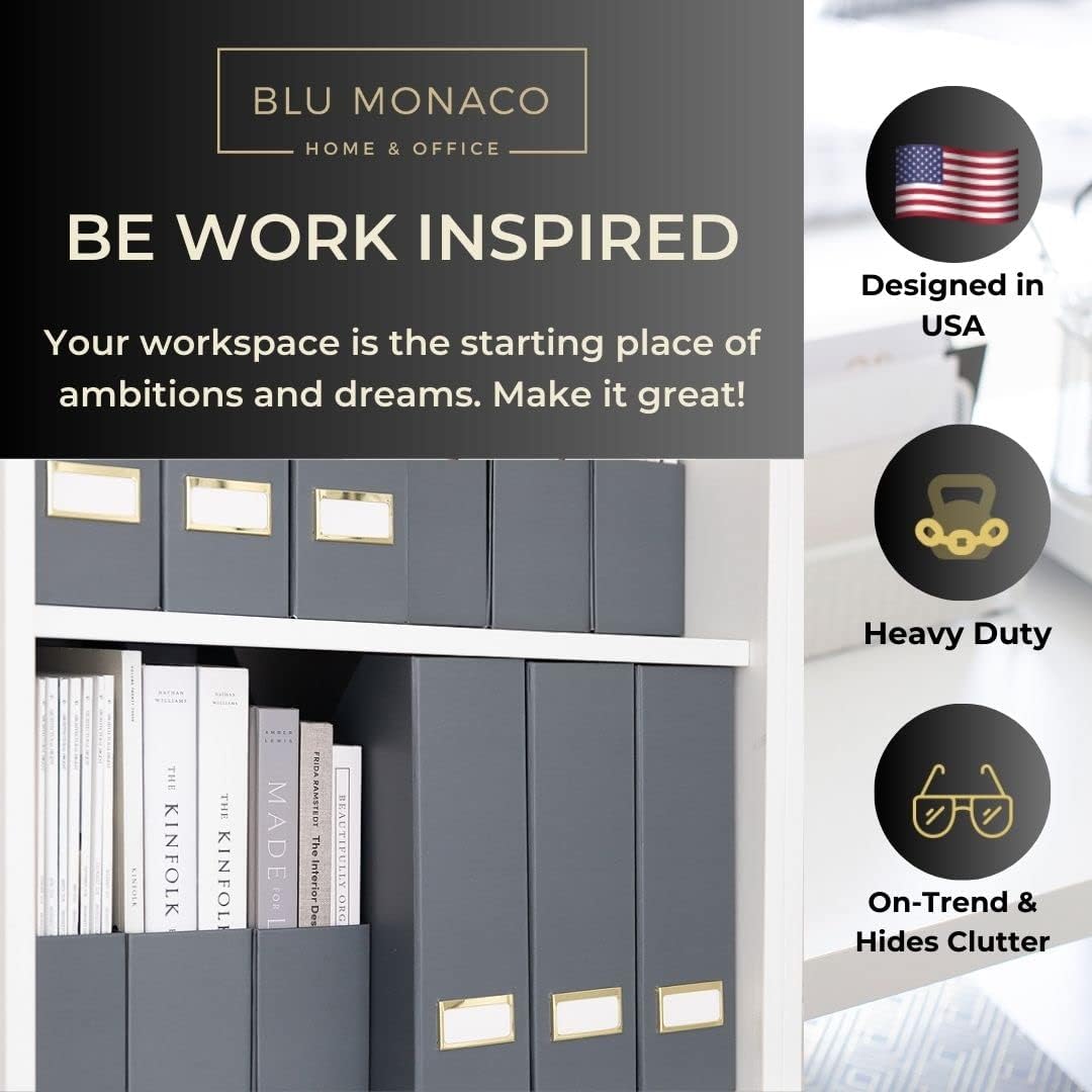 BLU MONACO Set of 6 Foldable Grey Magazine Holders with Gold Label Holders – Stylish File Boxes for Home Office Desktop, Bookshelf, or Classroom Organization