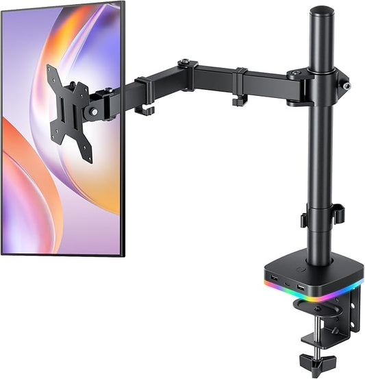 RGB Single Monitor Stand, Monitor Arm with 3 USB Ports, Charging and USB Data Transfer Function, Adjustable Desk Mount for 13"-27" Monitors up to 17.6lbs, VESA 75x75mm 100x100mm, Ergonomic Design
