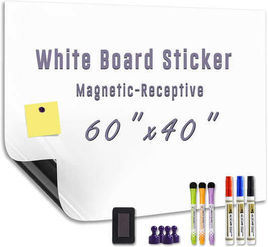 Large Magnetic Dry Erase Board Sheet 60" x 40" Adhesive Backing White Board Sticker for Wall Peel and Stick Whiteboard Contact Paper for Conference Room Office Home