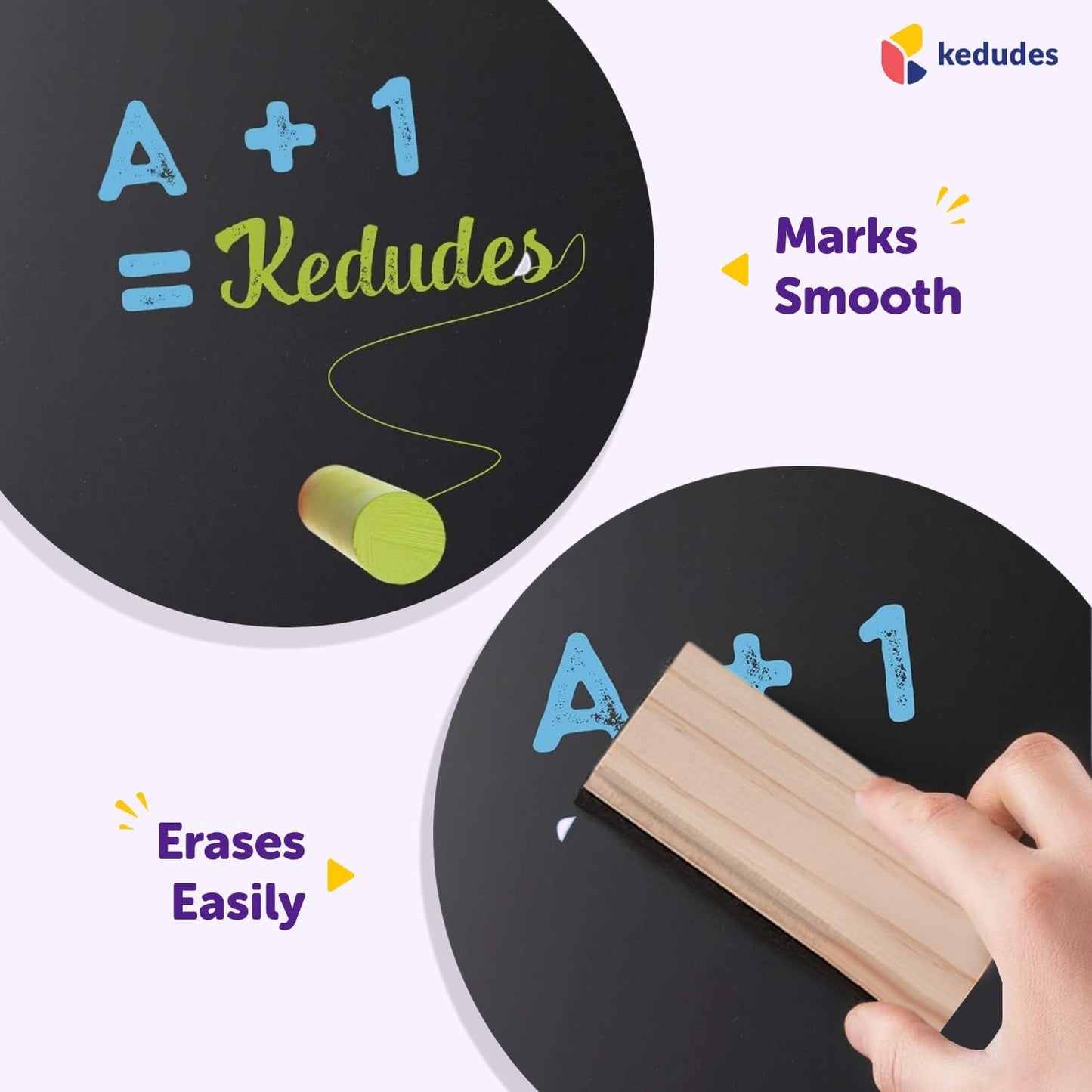 Kedudes Dustless Chalk with Eraser, 24pk - 12 Colored Chalkboard Chalks and 12 White Chalk for Chalkboard and Board Erasers Set - Blackboard Chalks and Eraser with Wooden Handle