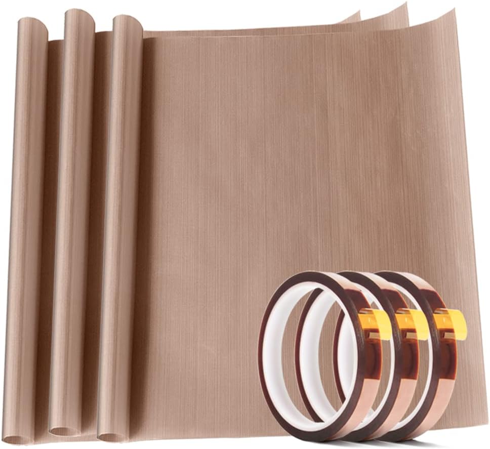 3 Pack PTFE Teflon Sheet 12 x 16" and 3 Rolls 10mm X 33m Heat Resistant Sublimation Thermal Tape for Heat Press Transfer,Non Stick Paper Reusable Craft Mat,Protects Iron,for Machines