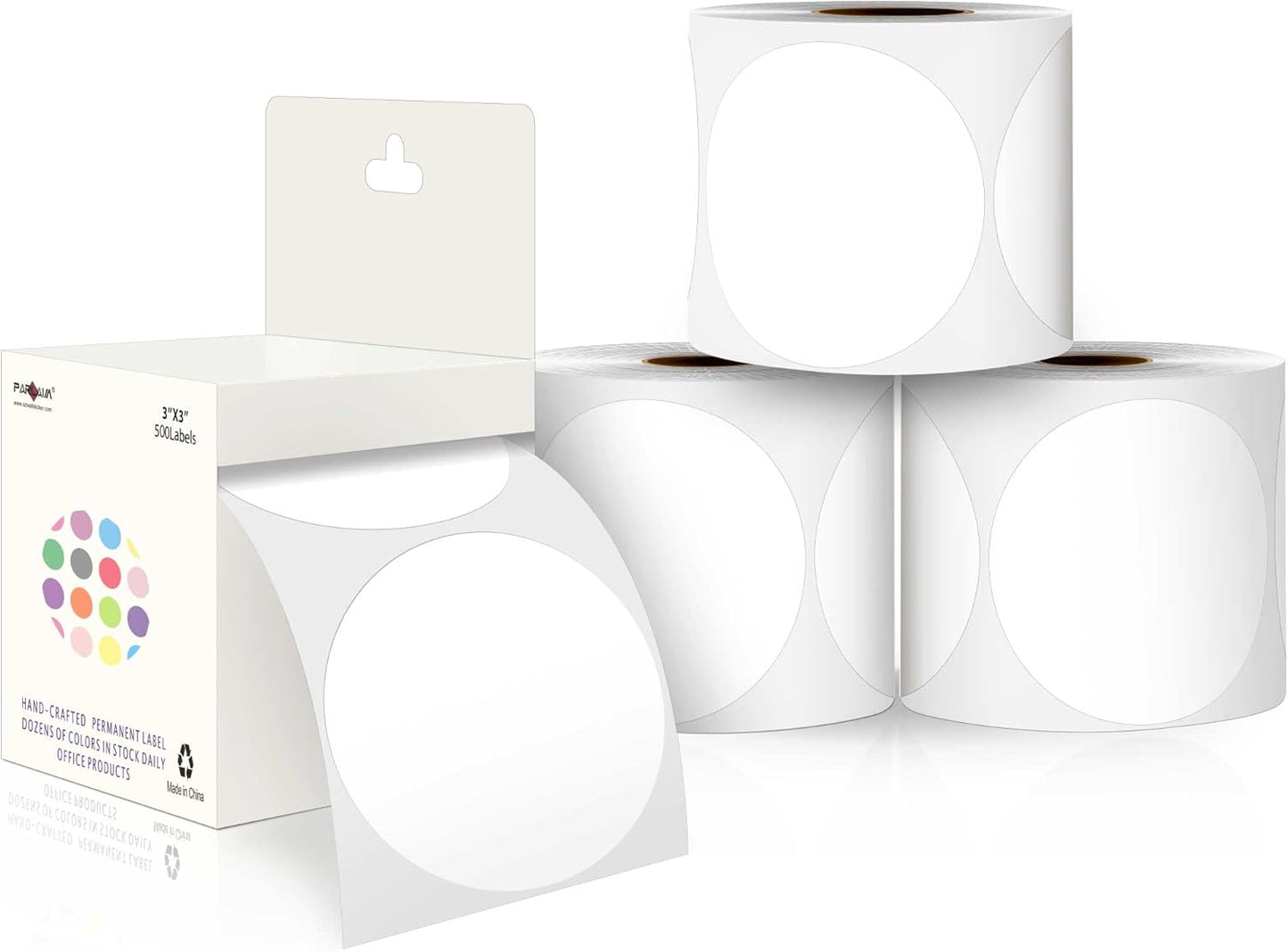 PARLAIM 3”Color Coding Labels Stickers,4Rolls/2000per Dispenser Box Round Adhesive Circle Dot Stickers for Inventory Office Home (White)