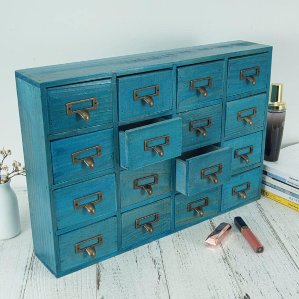 16 Drawers Apothecary Cabinet with Drawers Tabletop Apothecary Chests and Cabinets Library Card Catalog Cabinet Herb Storage Box Wooden Desk Drawer Organizer Medicine Vintage Furniture (BLUE)