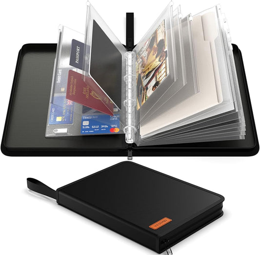 Important Document Organizer Zipper Binder,Fireproof Document Bag for Birth Certificate Protector, Waterproof Bill Organizer in Case I Go Missing Binder for Home Safe, 4 Ring Receipt Holder (Black)