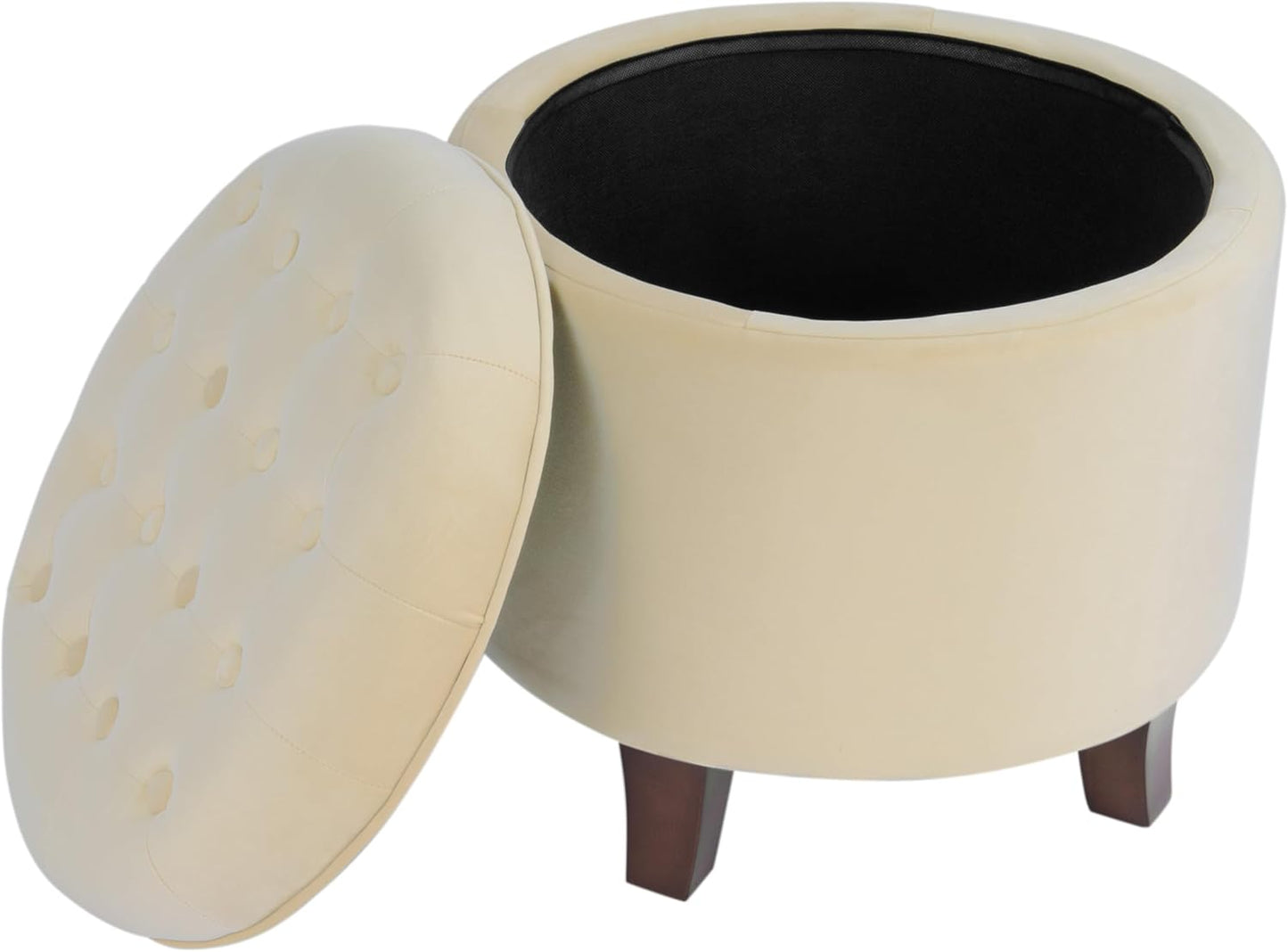 Homepop Home Decor | Upholstered Round Velvet Tufted Foot Rest Ottoman | Ottoman with Storage for Living Room & Bedroom | Decorative Home Furniture, Cream