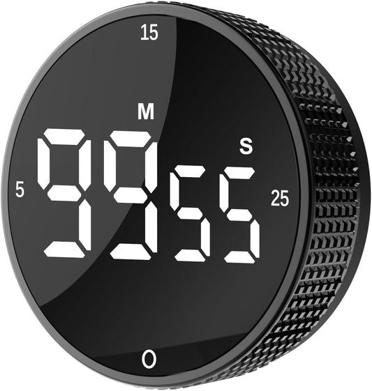 Upgrade Digital Kitchen Timer - Magnetic Countdown Countup Visual Pomodoro Timer with Large LED Display, 3-Preset Times (5, 15, 25), 3 Volume Levels, Ideal for Cooking, Baking and Fitness (1, Black)