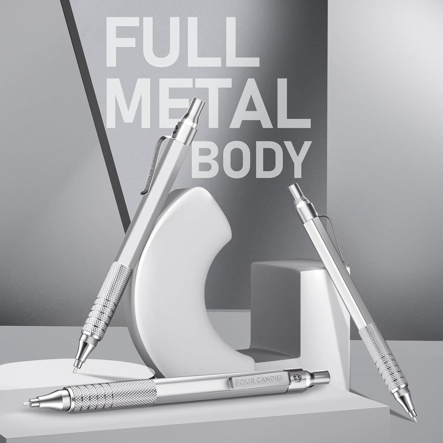 Four Candies 0.5mm Mechanical Pencil Set with Case, 3PCS Metal Artist Lead Pencil with 8 Tubes (480PCS) HB Lead Refills, 3 Erasers, 9 Eraser Refills For Engineer Art Writing Drawing Drafting, Silver