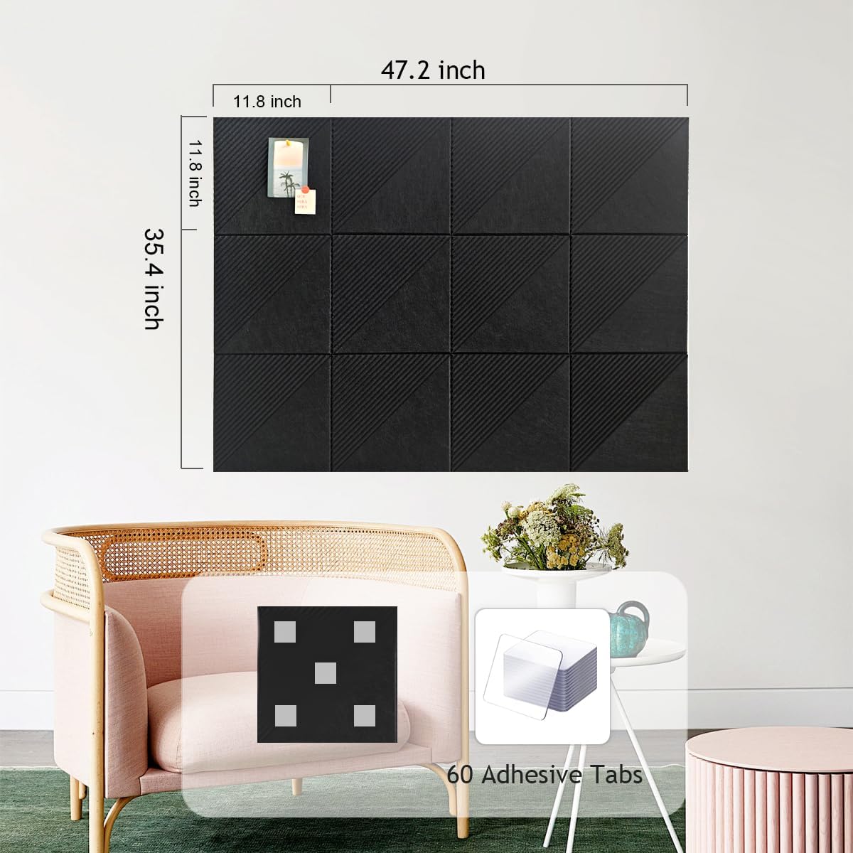 Large Cork Board for Walls 48"x 36", 12 Pack Felt Wall Tiles with Safe Removable Adhesive Tabs, Cork Board for Office,Pinboard Bulletin Board - Black