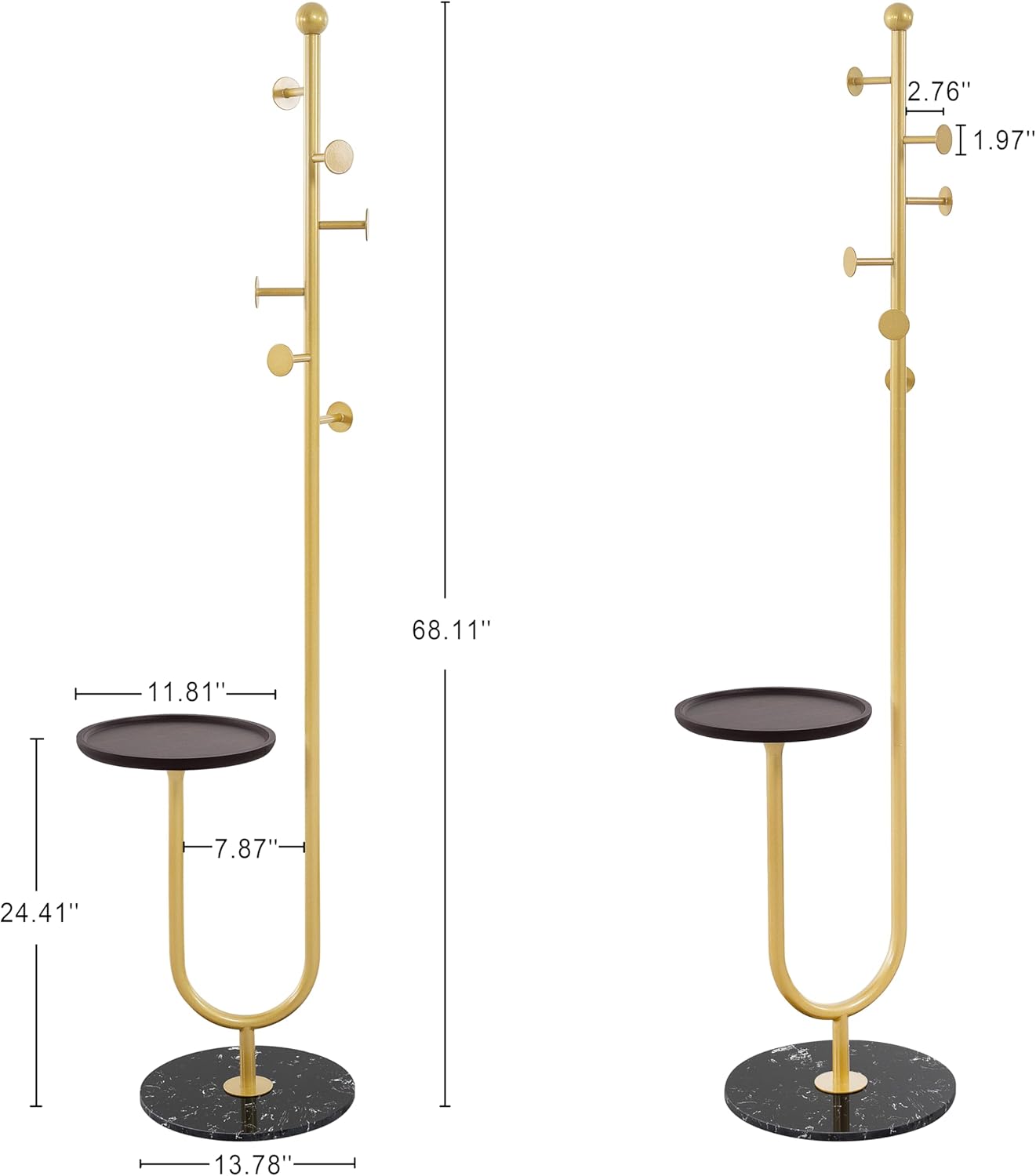Coat Rack Stand, Metal Coat Tree with Bamboo Tray & 6 Hooks, Heavy Duty Marble Base Corner Coat Stand for Bedroom Hallway Entryway Living Room Office 13.78 x 13.78 x 68.11 Inches (Gold)