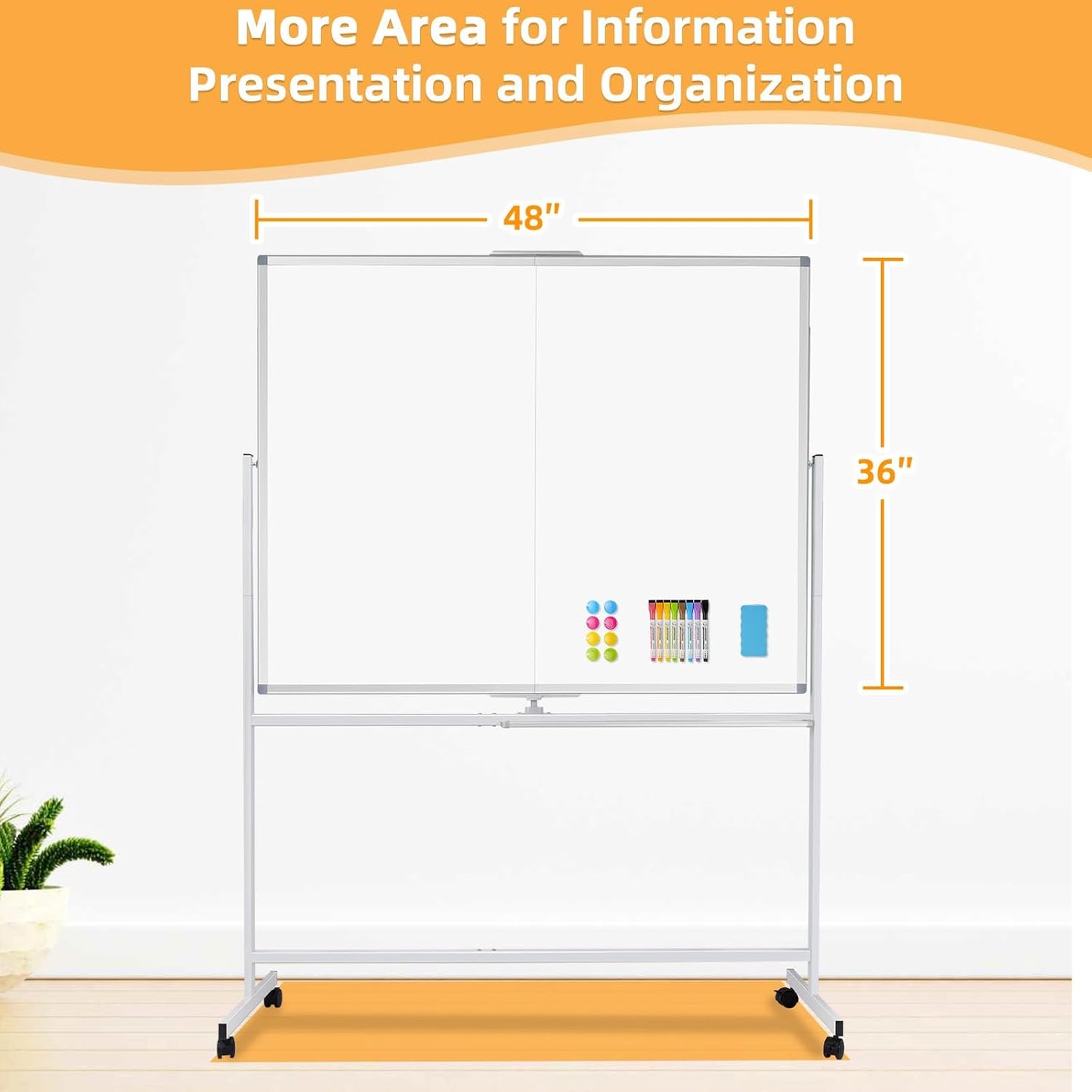 WALGLASS Rolling Dry Erase Whiteboard, 48"x36" Double-Sided White Board on Wheels, Large Portable White Board with Stand, Mobile Standing Whiteboards for Office, Home, School, Classroom 4x3 ft