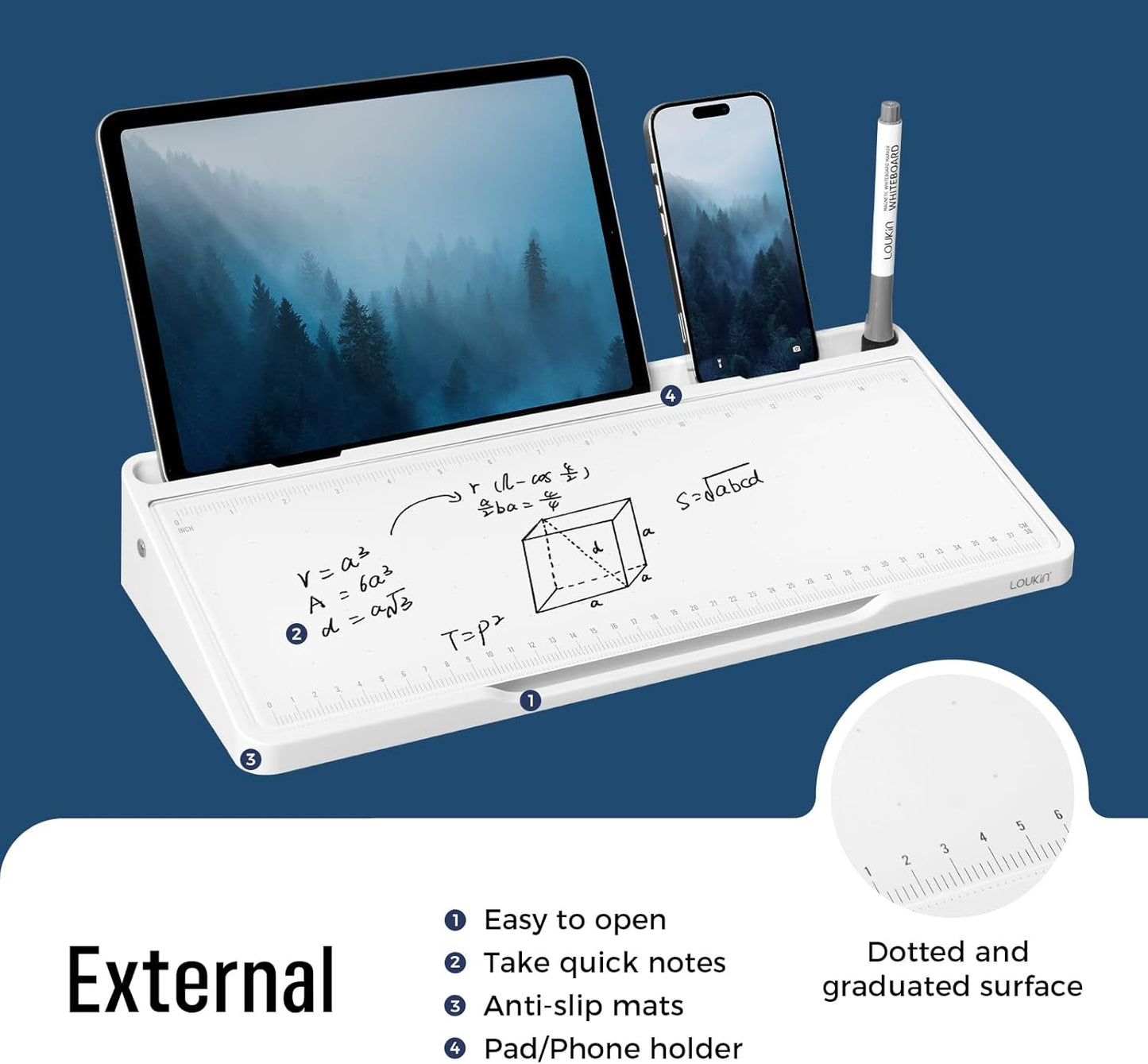 LOUKIN Glass Desktop Whiteboard, 15.3" x 5.6" Dry Erase Desk Board with Dotted and Graduated Surface, Desktop Buddy, Great for Design and Drawing, 3 Markers and 1 Dry Erase Eraser Included (White)