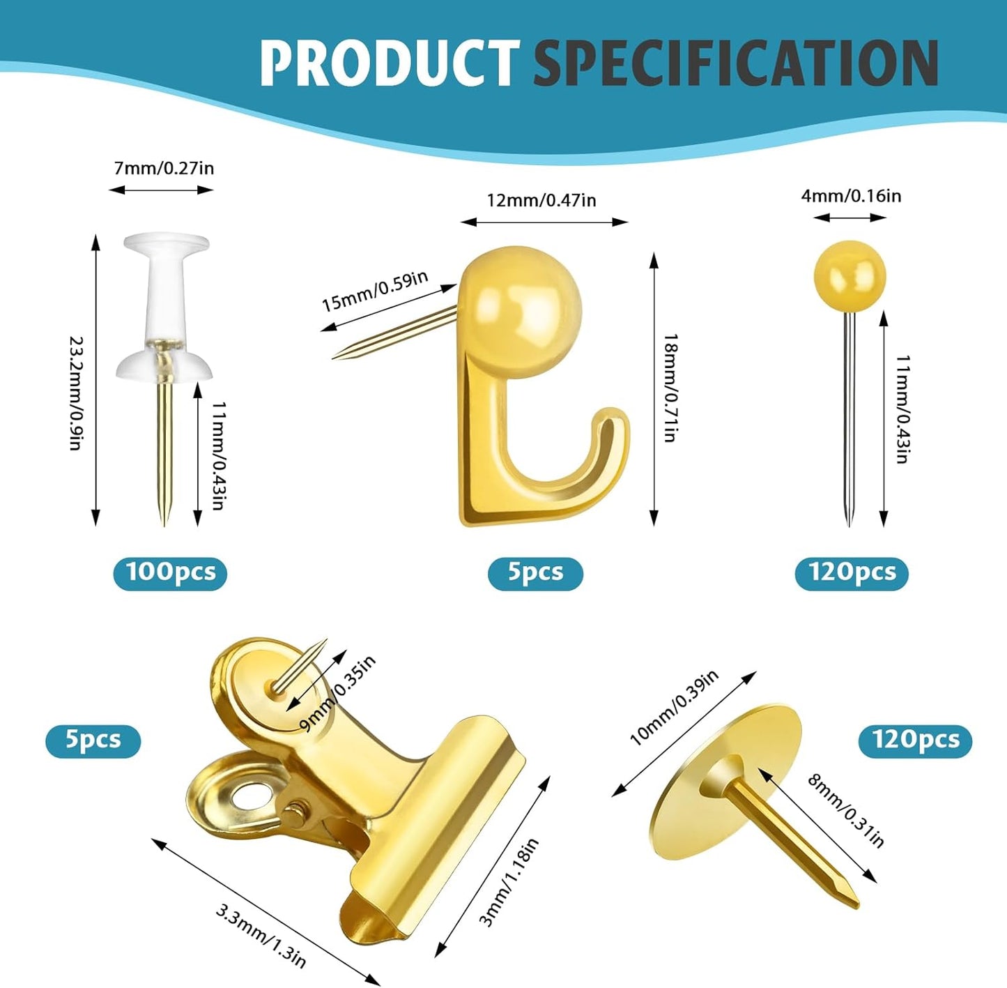 350 Pcs Gold Push Pins Set 5 Styles Decorative Thumb Tacks Assorted Push Pins for Bulletin Board, Cork Board