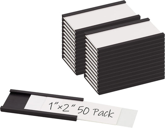Realth C Channel Magnetic Label Holders 50 Pack 1'' x 2'' with Paper Inserts and Clear Plastic Protectors, Magnetic Data Card Holders File Cabinet Labels for Metal Racks and Shelves