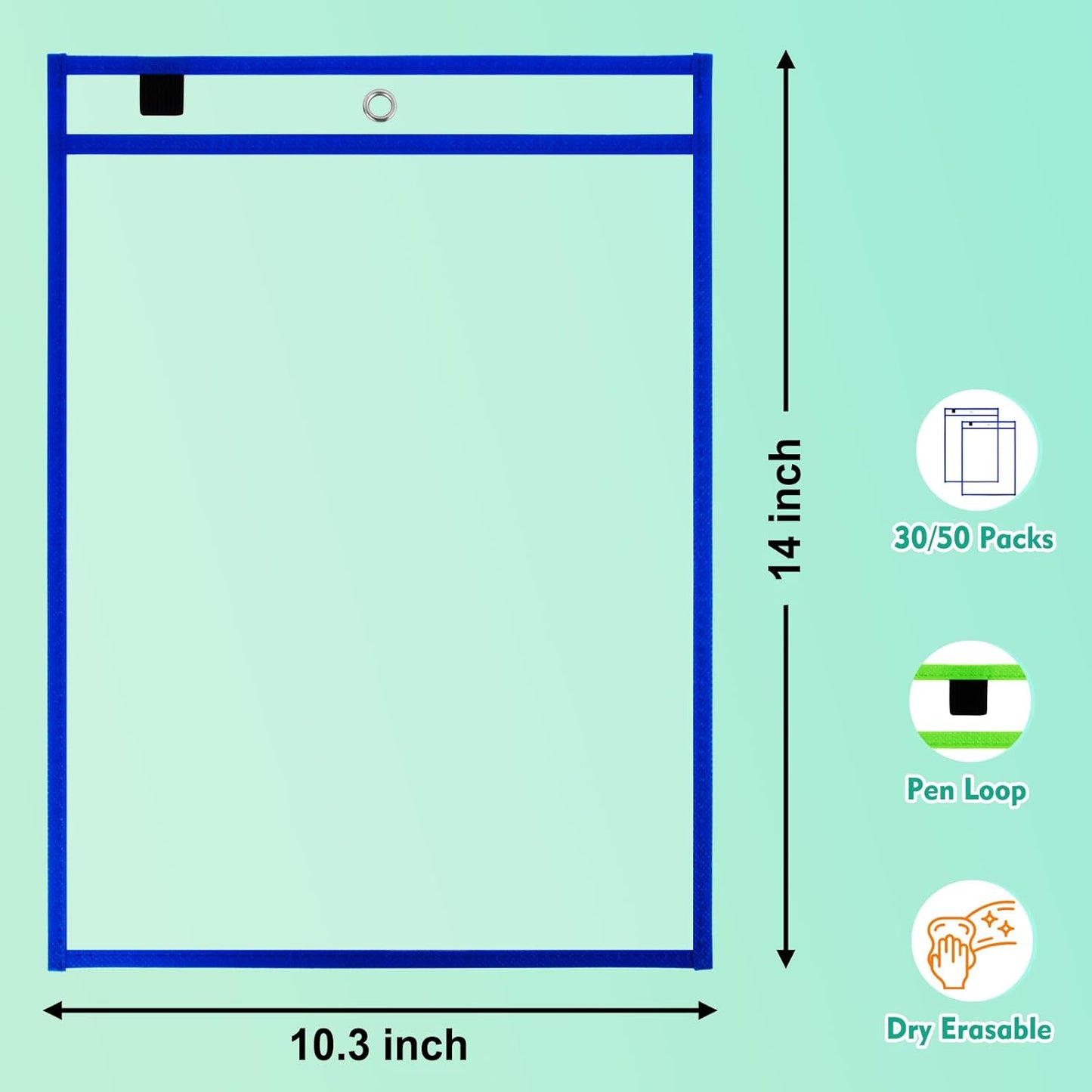 50 Packs Dry Erase Pocket Sleeves, Reusable Clear Plastic Classroom Sleeves, 10x14 Inch Ticket Holders, for School/Office Organization