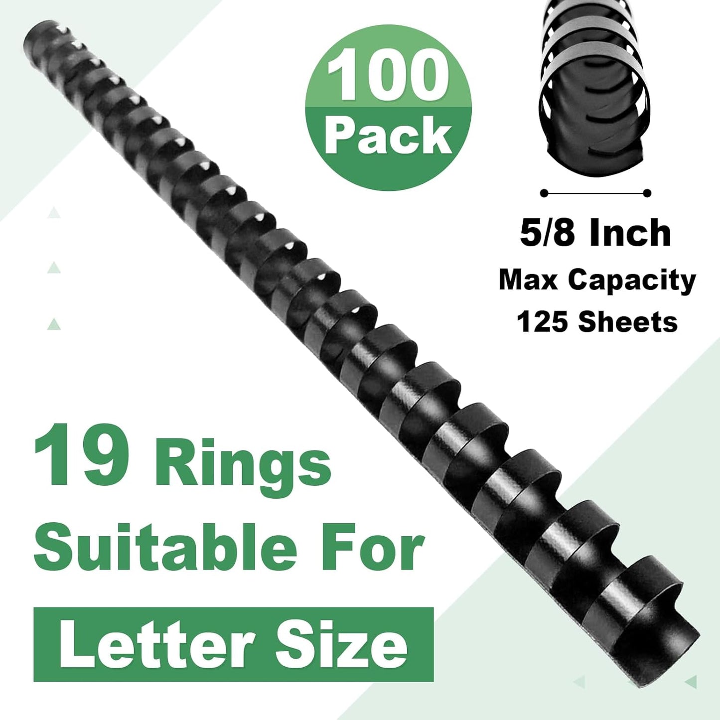 HOUYEE 5/8 Inch Plastic Binding Comb 19 Ring, 125 Sheet Capacity, Letter Size Black Comb Binding Spines (100 Pack)