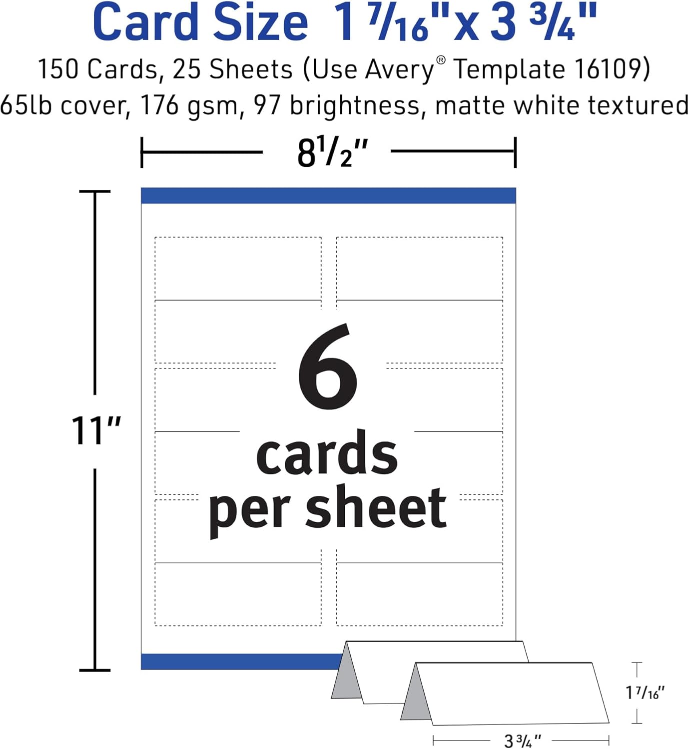 Avery Printable Place Cards with Sure Feed Technology, 1-7/16" x 3-3/4", Textured White, 150 Blank Tent Cards for Laser or Inkjet Printers (16109)