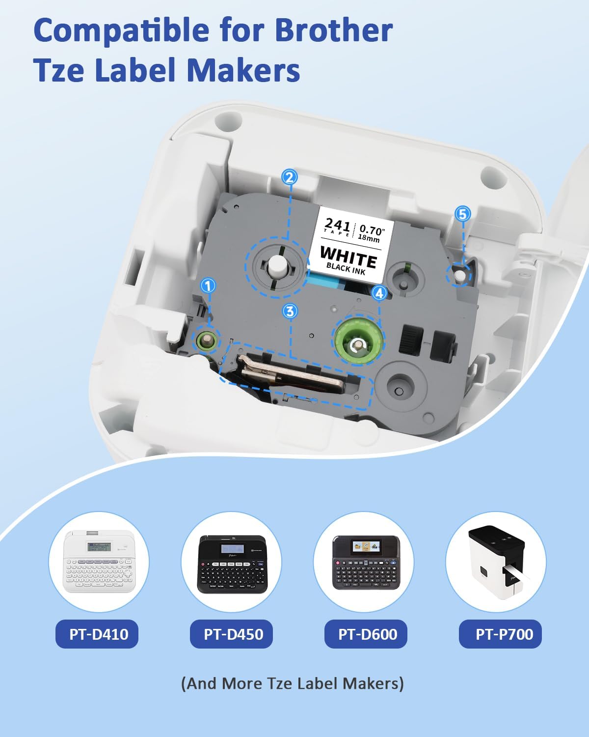 TZe-241 18mm 0.7 Laminated White Tape Compatible for Brother TZe241 Tz-241 P Touch 3/4" TZe TZ Tape for Brother Ptouch PT-D400 PT-D600 PT-D410 PT-D610BT PTD460BT Label Maker, Black on White, 4-Pack