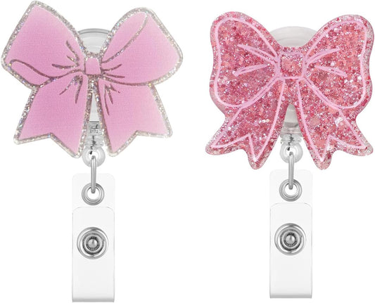 2Pcs Pink Bow Badge Reel for ID Card Badge,Retractable Badge Holder Alligator Clip Accessories for Nurse,RN LPN CNA MA Medical Worker Accessories,Nursing Student,Teacher