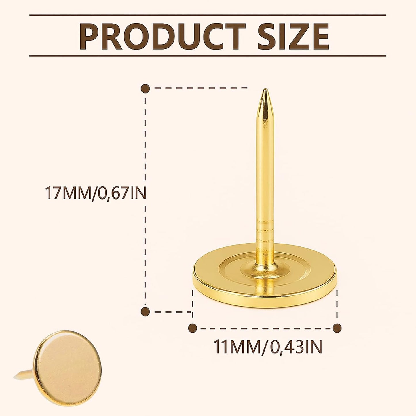 Golden Thumb Tacks, Multipurpose Upholstery Nails, Decorative Nail Heads, and Wall Tacks for Secure Fixing & DIY Projects, 100Pcs