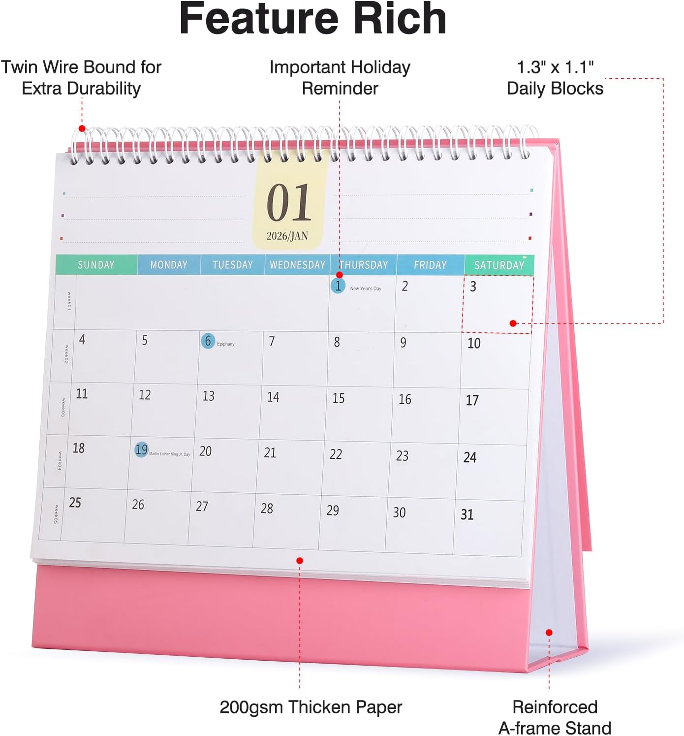 Desk Calendar 2026-2027, 2 Years Calendar Runs from Jan. 2026 until Dec 2027, Table Monthly Planner with Stickers for Home,Office,School Organization(L-Pink+Green,9.8" x 9.6")