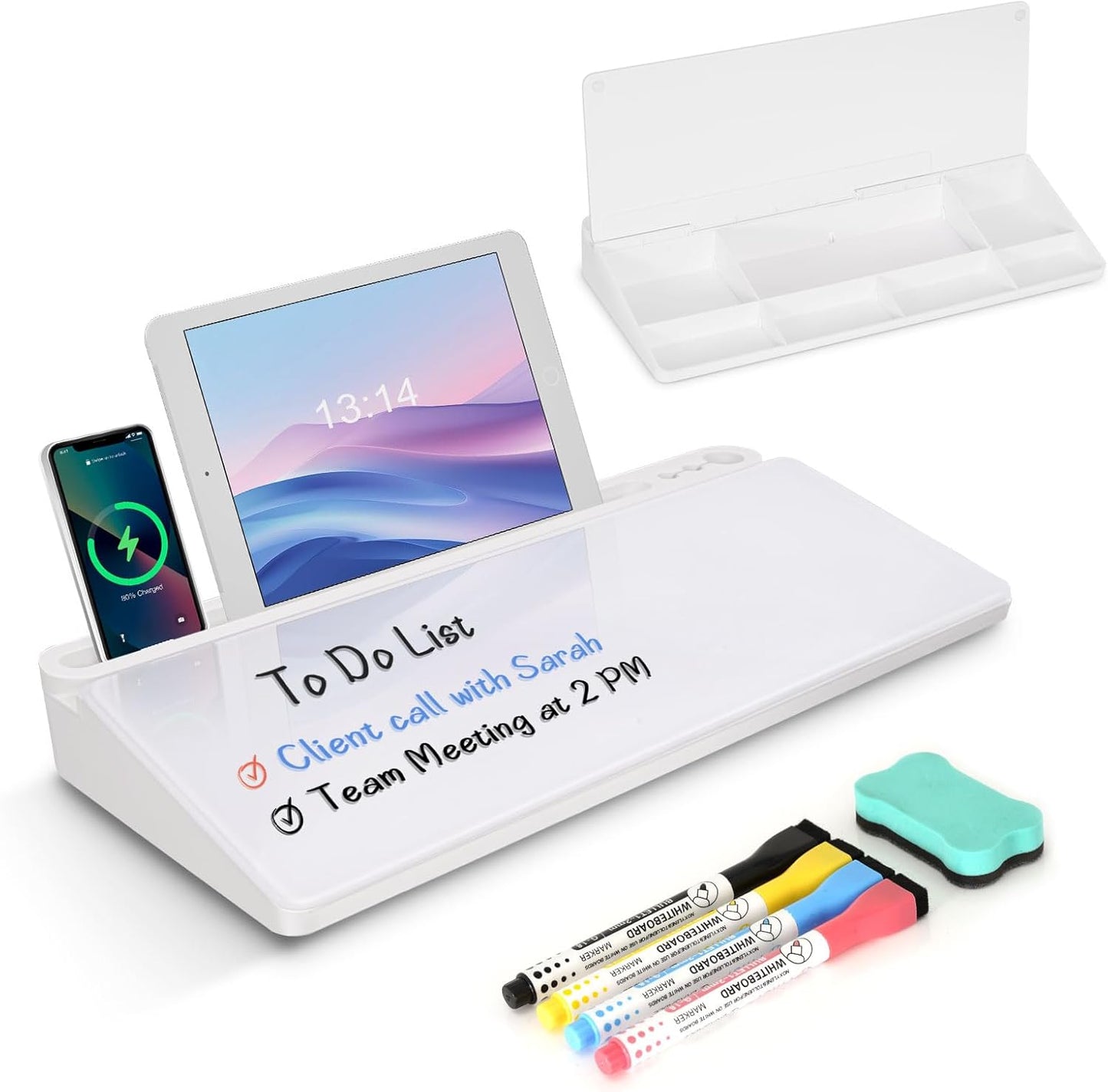 Desktop Glass Whiteboard with Storage, Desk White Board with Computer Keyboard Stand, White Dry Erase Board with Drawers for Home, School, Office Desk Organizers and Accessories