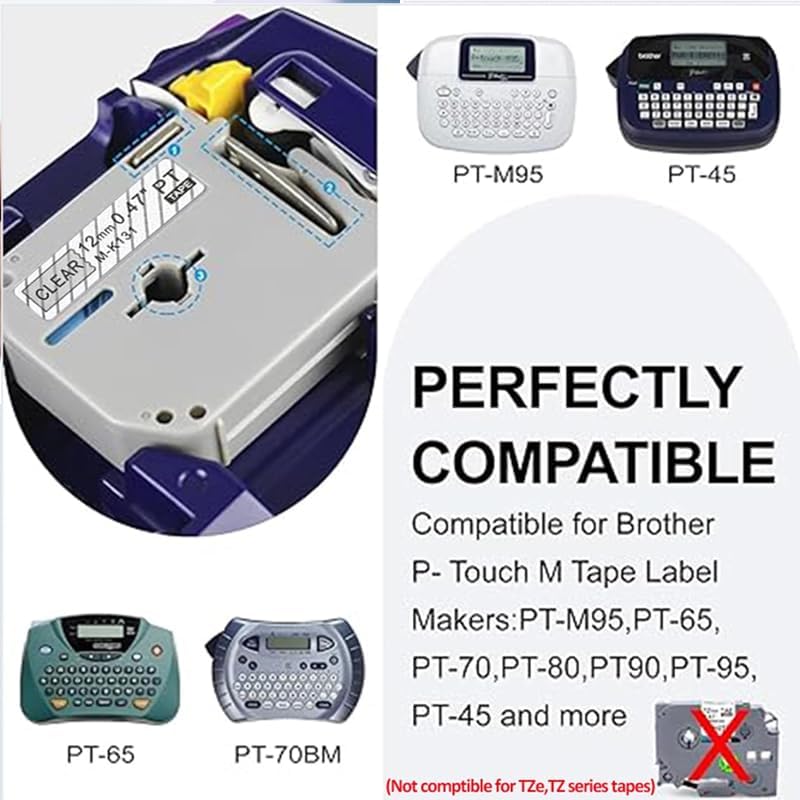 M K131 MK431 MK531 MK631 MK731 5 Pack Color Tape - 12mm Multicolored Label Tape Compatible with P Touch Label Maker PTM95 PT-90 PT-80 PT-70 PT-65 PT-45M