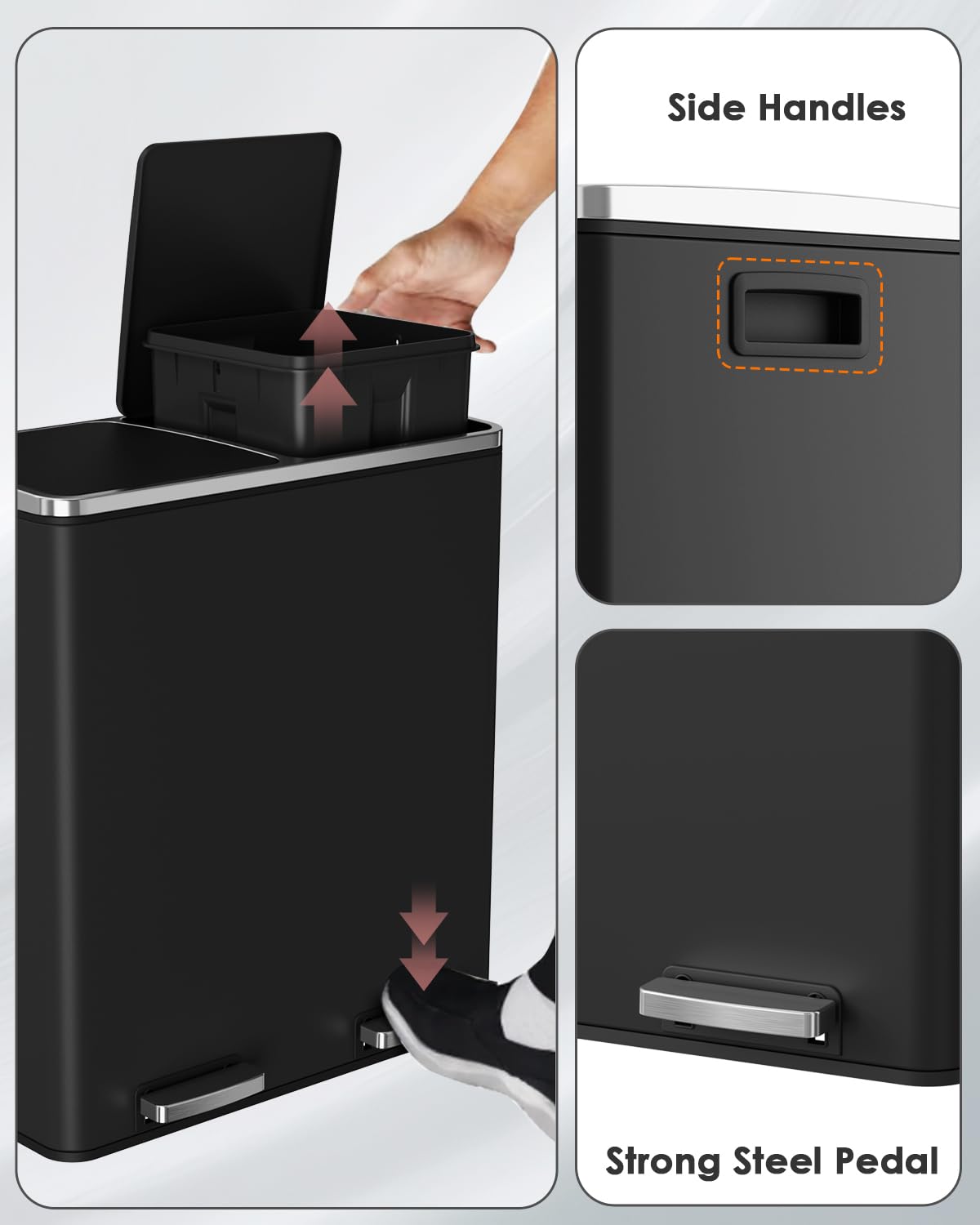 Arlopu 16 GallonStainless Steel Trash Can, 60L Dual Compartment, Metal Kitchen Step Recycle Bin, Metal Double Dustbin, in-Home Garbage Rubbish Can W/Removable Liner Buckets (Black)