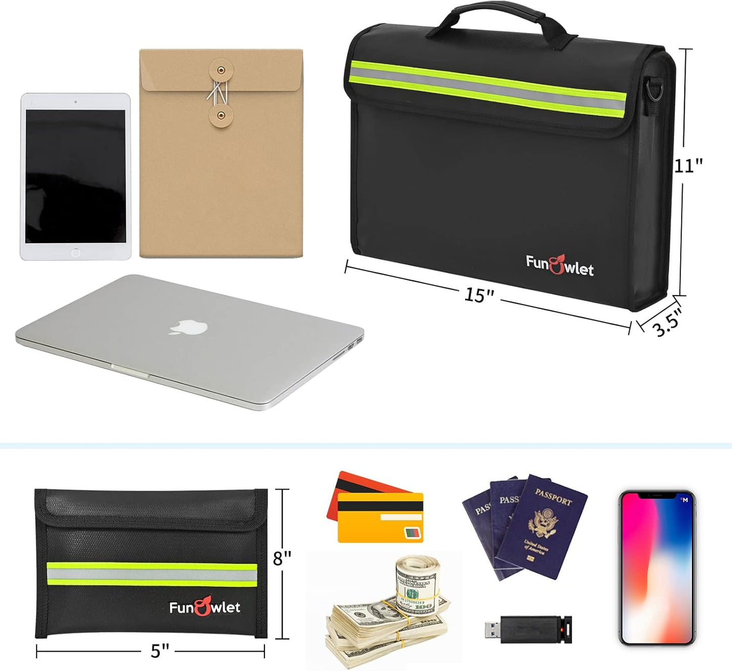 Fireproof Waterproof Money Document Bag - Large Fireproof Safe Box with Wallet Protector, Fire & Water Resistant Storage Organizer Pouch for A4 Documents Holder,File,Jewelry,Passport,Laptop (Black)