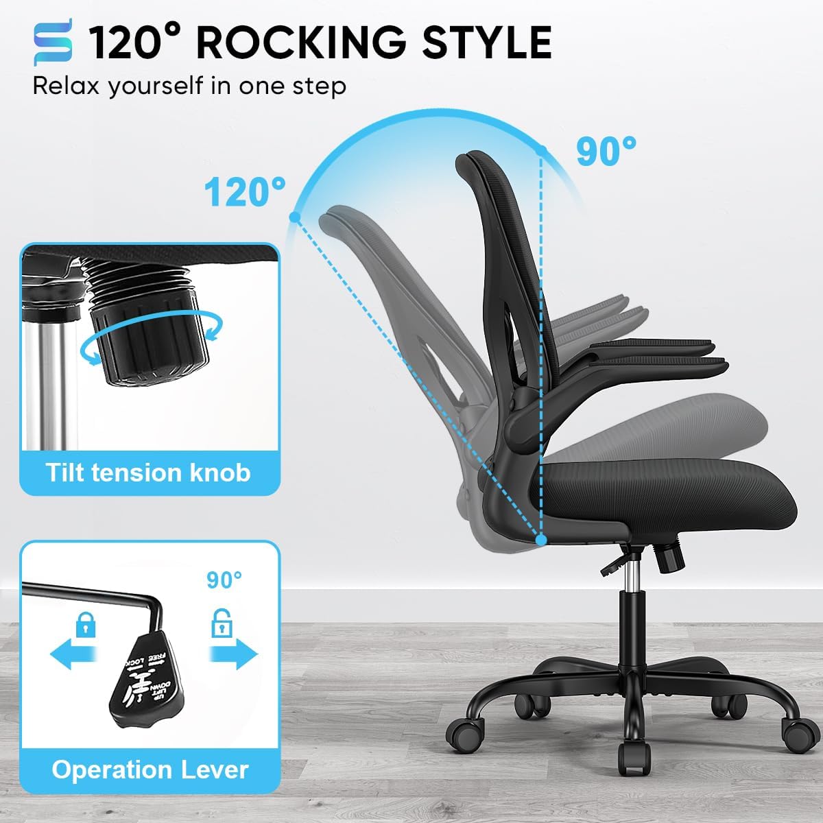 Sytas Ergonomic Desk Chair with Padded Flip up Arms and Supportive Lumbar Support, Breathable Mesh Home Office Chair with Comfortable Cushion for Home or Office(Black)