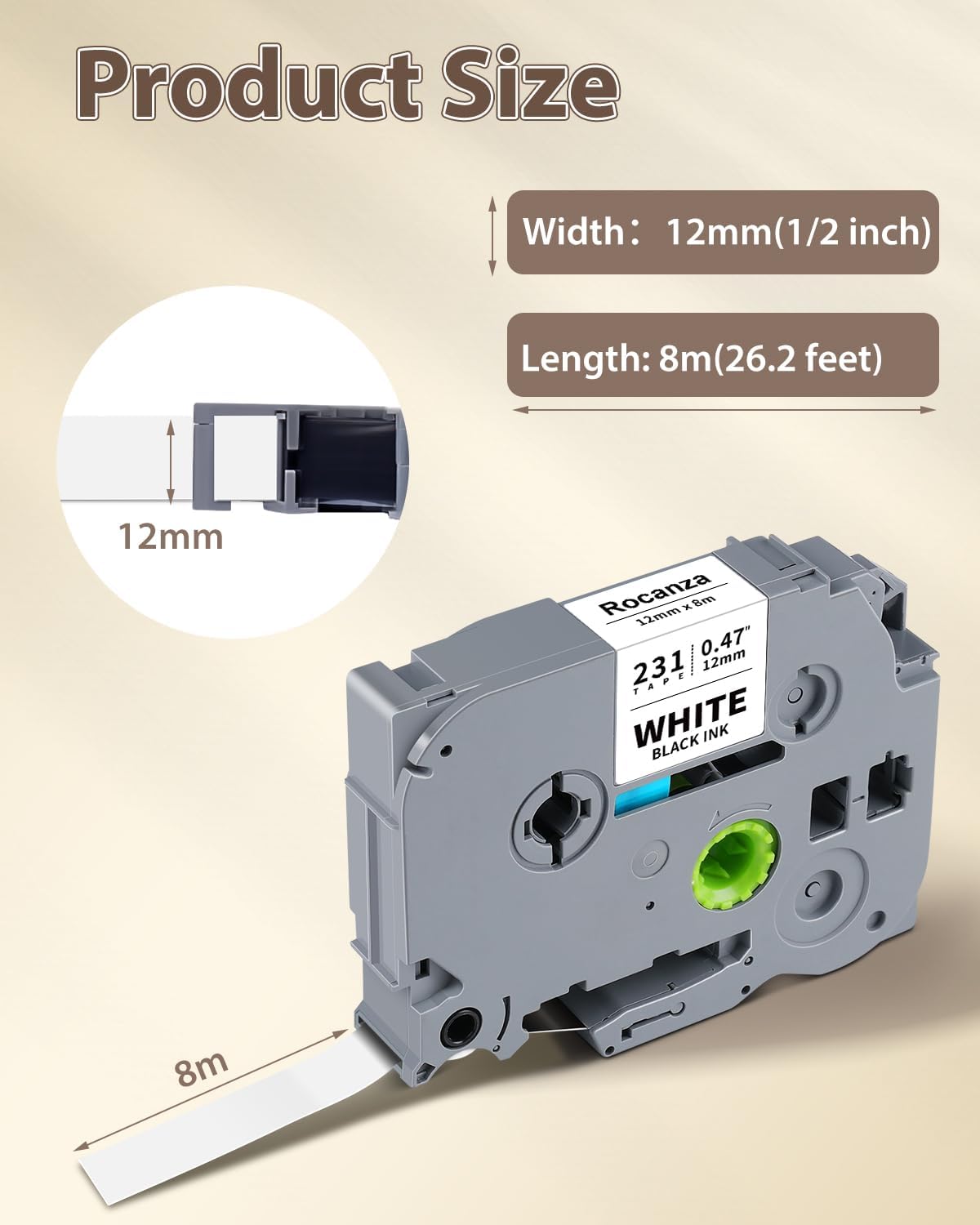 Replace for Brother Label Maker Tape TZe-231 TZe231 12mm 0.47 Laminated White Tz Tape Compatible with P Touch TZe 1/2" Black on White for PT-D220 D210 H110 D200 D400 1280 1880 D610BT Refills, 6-Pack