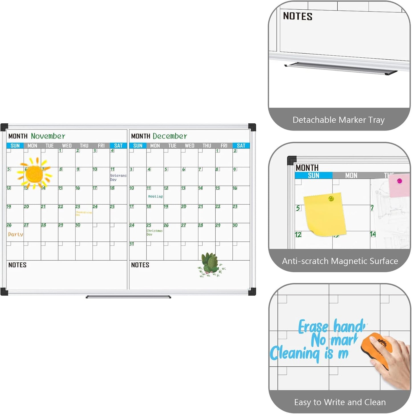 XBoard Magnetic Calendar Whiteboard 48" x 36" - 2 Month Dry Erase Board, White Board + Colorful Calendar Board, Silver Aluminium Framed Monthly Planning Board