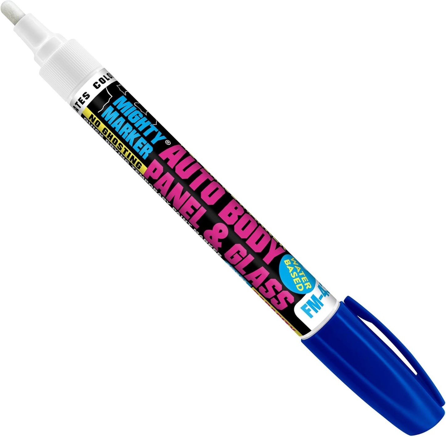 FM-43 Auto Body and Glass Paint Marker, No-Ghost, Highly Water-Resistant, 2.3mm Bullet Tip, Valve Action, 6 Bonus Reversible Tips, Made in USA - Blue 6 Pack