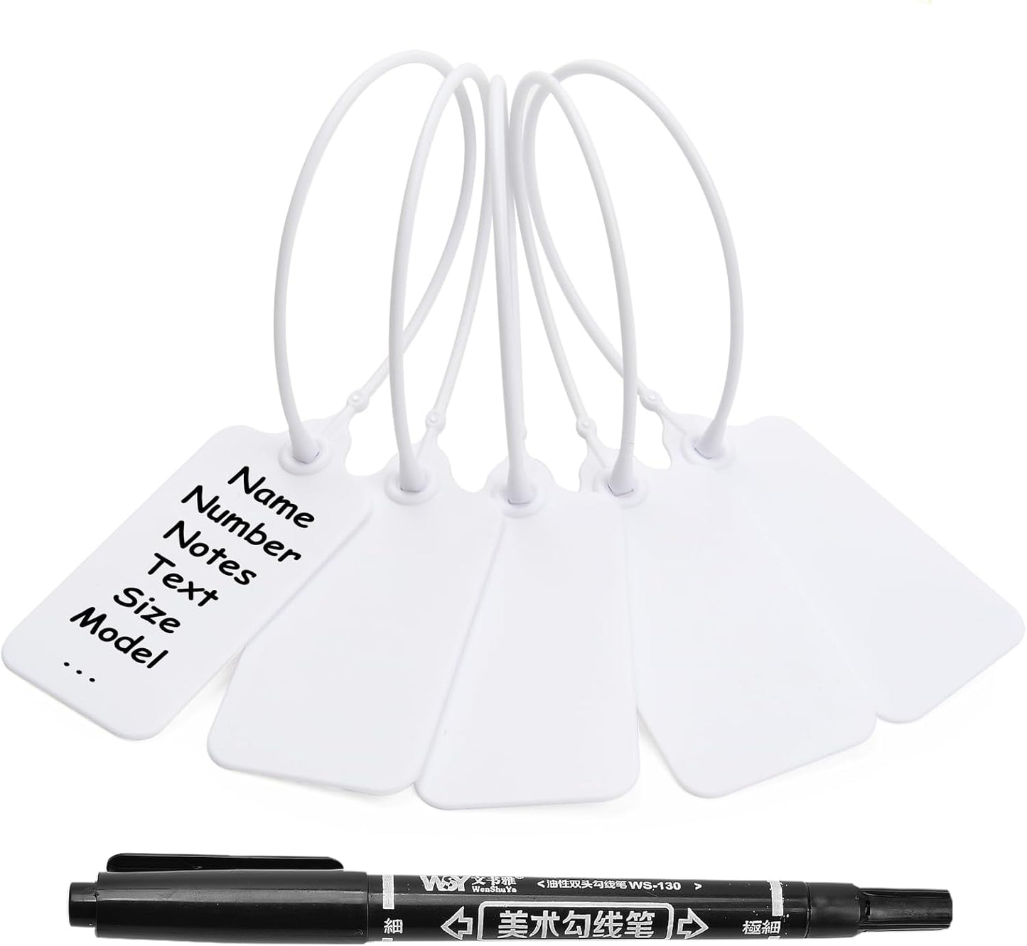 100 White Blank Plastic Tags for Labeling Waterproof Hanging Labels Writable Tags Seal Plastic Marking Label for Clothes Bags Keys Inventory with One Marker Pen
