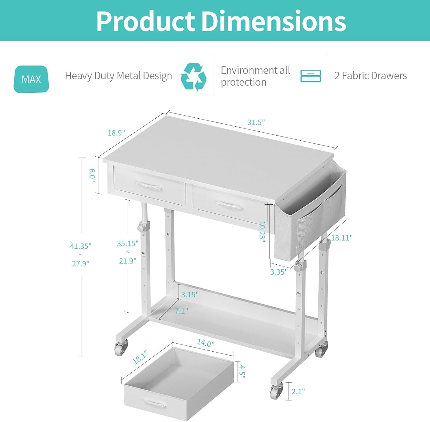Small White Portable Rolling Desk - 32 Inch Adjustable Mobile Standing Teacher Desks with 2 Fabric Drawers on Wheels, Couch Sofa Side Laptop Table with Storage for Bedroom Home Office, White